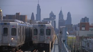 Two SEPTA trains pass each other in Philadelphia