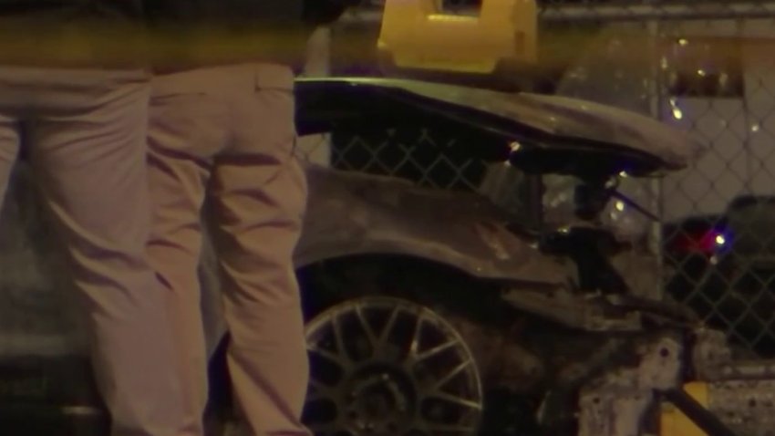 Police investigate a charred car where a body was found