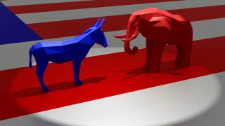 Rendering of the blue donkey and the red elephant in a spotlight representing the Democratic and Republican political parties, respectively, on top of the American Flag.
