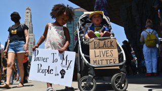Families participate in a children's march in solidarity with the Black Lives Matter movement and national protests against police brutality on June 9, 2020, in Brooklyn, New York City.