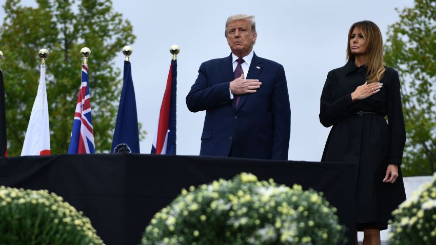 US President Donald Trump and first lady Melania Trump attend a ceremony commemorating the 19th anniversary of the 9/11 attacks, in Shanksville, Pennsylvania, on Step. 11, 2020.
