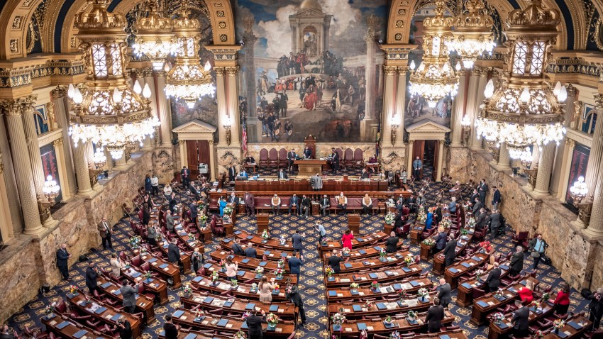 One fourth of the Pennsylvania House of Representatives is sworn-in, Tuesday, Jan. 5, 2021, at the state Capitol in Harrisburg, Pa. The ceremony was held in four separate sessions to provide for social distancing due to COVID-19. The ceremony marks the convening of the 2021-2022 legislative session of the General Assembly of Pennsylvania.