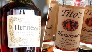 A view of Hennessy cognac and Tito's vodka.