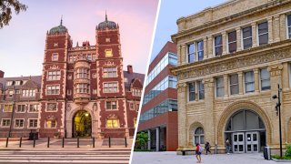 Left: two towers stand next to an arch as part of a building at the University pf Pennsylvania: Right: students walk past on old brick building with an arch at Drexel University.