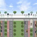Cross-section and aerial view of Alternative 2 “Neighborhood Boulevard