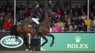 Jessica Springsteen riding Don Juan van de Donkhoeve competes in the Rolex Grand Prix at the Royal Windsor Horse Show, Windsor on Sunday July 4, 2021.