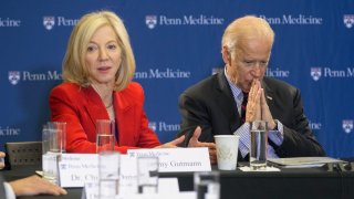 University of Pennsylvania president Amy Gutmann sits alongside U.S. President Joe Biden