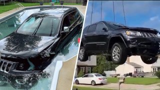 Left: The bottom half of a black Jeep SUV is submerged in water after a crash into a swimming pool. Left: The SUV is hoisted through the air by crane straps.