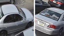 A split photo shows the front passenger side of a silver Mitsubishi on the left, and the rear side of the same vehicle on the right.