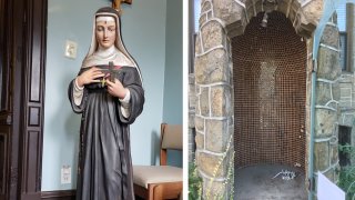 Left: A statue of Saint Rita of Cascia depicts her holding a cross while wearing a black tunic. Right: An empty grotto where the statue was housed before being briefly stolen.