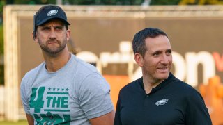 Philadelphia Eagles head coach Nick Sirianni, left, and general manager Howie Roseman supervise a practice session at NFL football training camp, July 31, 2021, in Philadelphia.