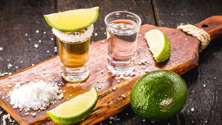 glasses of tequila, gold tequila and silver tequila, typical mexican drink