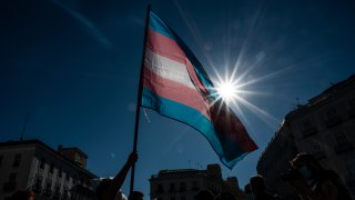 Demonstrator waving the Trans flag attends a protest where