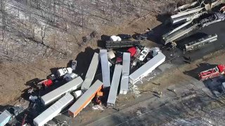 Crashed trucks and cars on I-81 in Pennsylvania