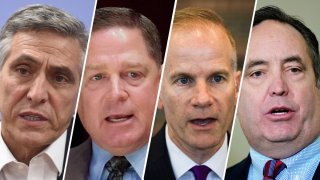 From left: Republican candidates for Pennsylvania governor former Rep. Lou Barletta, Dave White, former U.S. Attorney for the Eastern District of Pennsylvania Bill McSwain and Senate President Pro Tempore Jake Corman.