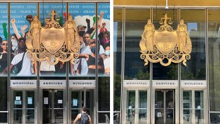 Left: A man walks toward Philadelphia’s Municipal Services Building, where a mural depicts people raising their fists in the air as a tribute to the Black Lives Matter movement. Right: The same building is shown without the mural.