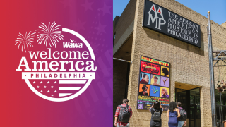 Wawa Welcome America Logo next to a photograph of the outside of the African American Museum in Philadelphia