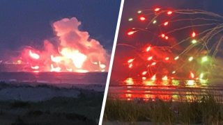 Left: An explosion on a barge. Right: fireworks blow up left and right from the barge.