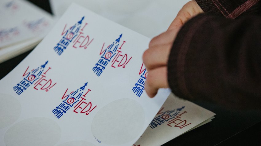 "I Voted!" stickers at a polling location in Philadelphia, Nov. 8, 2022.