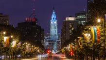 Philadelphia City Hall lit up at end of Ben Franklin Parkway