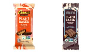 A photo of plant-based Reese's peanut butter cups and a plant-based Hershey's chocolate product.
