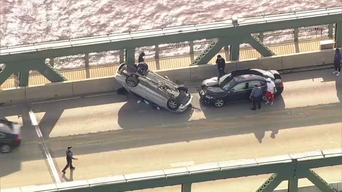 Traffic congestion results from car overturning on Tacony-Palmyra bridge