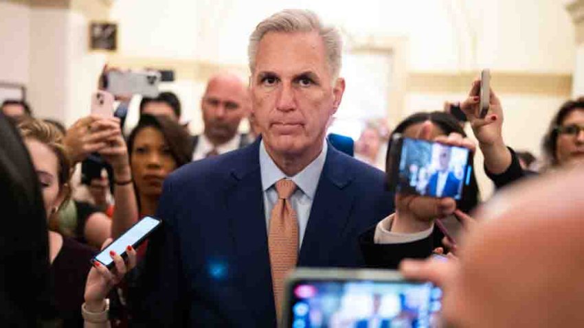 UNITED STATES – MAY 23: Speaker of the House Kevin McCarthy, R-Calif., talks with reporters about the debt ceiling negotiations in the U.S. Capitol on Tuesday, May 23, 2023. (Tom Williams/CQ-Roll Call, Inc via Getty Images)