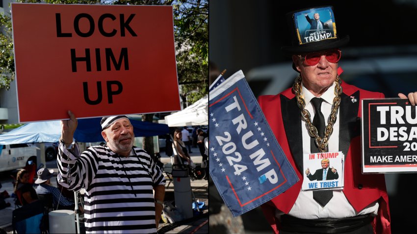 Security was tight outside the Wilkie D. Ferguson federal courthouse in Miami Tuesday as some demonstrators gathered ahead of former President Donald Trump’s historic court appearance.