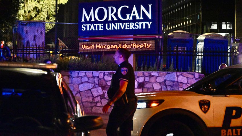 Police block off the south entrance to Morgan State University at Argonne and Hillen after police say multiple people are shot on the campus on Tuesday, Oct. 3, 2023, in Baltimore. (Jerry Jackson/Baltimore Sun/Tribune News Service via Getty Images)