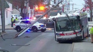 Police investigate after a SEPTA bus crashed in Upper Darby Township, early Wednesday morning.