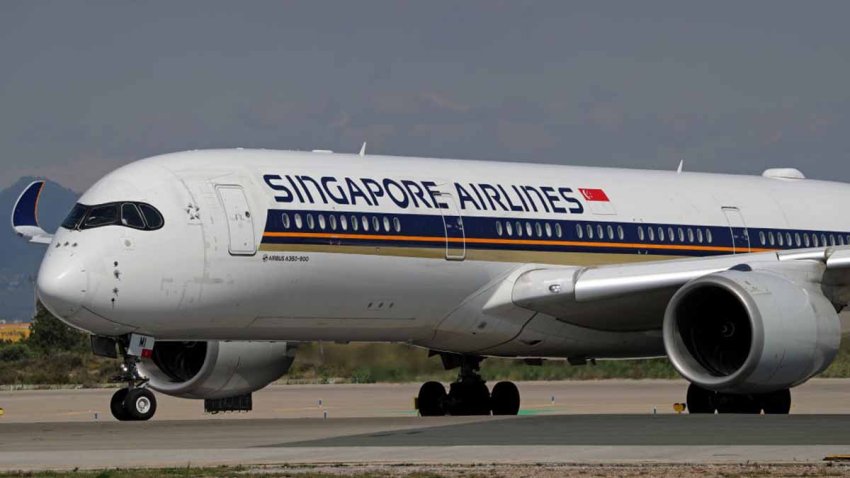 An Airbus A350-941 from Singapore Airlines is preparing to take off on the runway at Barcelona-El Prat Airport in Barcelona, Spain, on May 1, 2024. (Photo by JoanValls/Urbanandsport/NurPhoto via Getty Images)