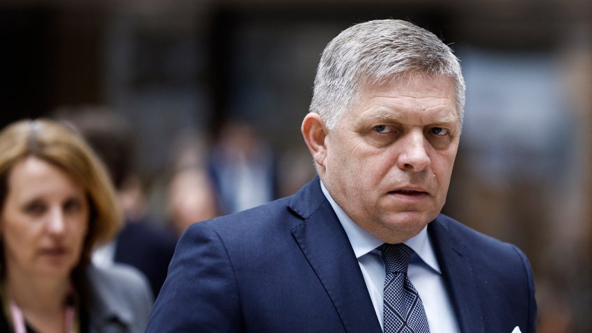 Slovakia’s Prime Minister Robert Fico walks during the European Council summit at the EU headquarters in Brussels, on April 18, 2024. (Photo by KENZO TRIBOUILLARD / AFP) (Photo by KENZO TRIBOUILLARD/AFP via Getty Images)