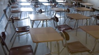 Empty chairs and desks in a high school classroom