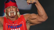 Pro-wrestler Hulk Hogan flexes his muscles after speaking during the last day of the 2024 Republican National Convention at the Fiserv Forum in Milwaukee, Wisconsin, on July 18, 2024.