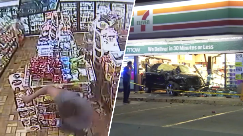 Surveillance image shows man dodging car slamming into 7-Eleven and the vehicle in the front of the store.
