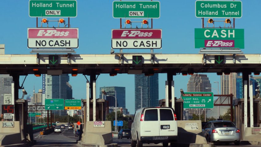 JERSEY CITY, NJ – AUG 29: Cars pass through a toll plaza on the New Jersey Turnpike on August 29, 2019 in Jersey City, New Jersey. (Photo by Gary Hershorn/Getty Images)