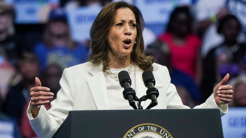 US Vice President Kamala Harris during a campaign event in Savannah, Georgia, US, on Thursday, Aug. 29, 2024. Harris has sustained the burst of momentum she brought to the presidential contest and is leading or tied with Republican Donald Trump in each of the seven states most likely to decide the race. Photographer: Elijah Nouvelage/Bloomberg via Getty Images