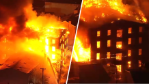 Dual image of burning Northeast Philadelphia building