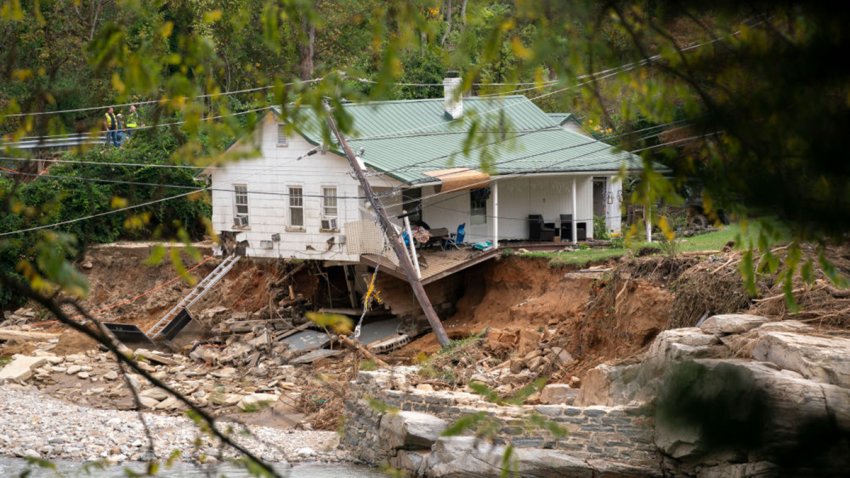 BAT CAVE, NORTH CAROLINA – OCTOBER 1: A house along the Broad River in the aftermath of Hurricane Helene on October 1, 2024 in Bat Cave, North Carolina. The death toll has topped 140 people across the southeastern U.S. due to the storm, according to published reports, which made landfall as a category 4 storm on Thursday. Millions are without power and the federal government has declared major disasters in areas of North Carolina, Florida, South Carolina, Tennessee, Georgia, Virginia and Alabama, freeing up federal emergency management money and resources for those states, according to the reports. (Photo by Sean Rayford/Getty Images)