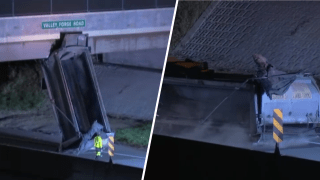 Split box show dump truck bed against overpass then on ground.