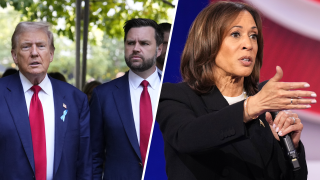 Donald Trump, JD Vance y Kamala Harris en fotos de archivo.