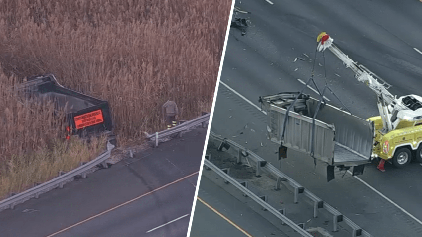 Split image of crashed dump truck on I-95