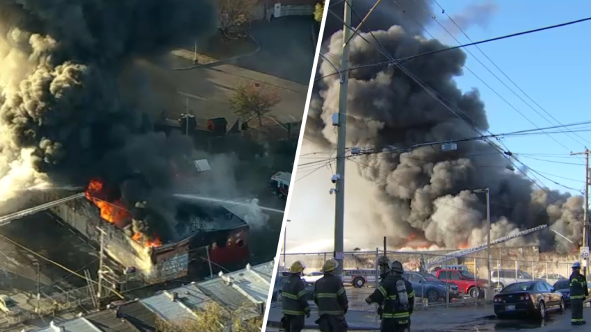 Split image shows thick smoke rising from a burning warehouse.