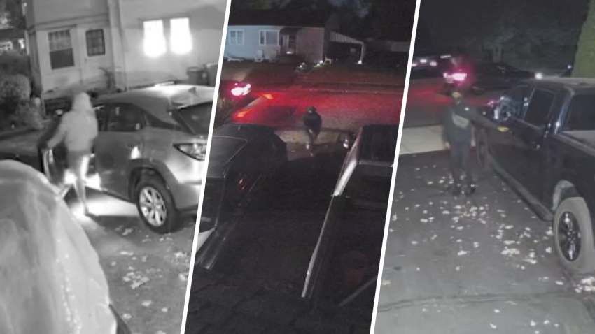 Three photos showing three different suspects trying to steal from cars parked in driveways.