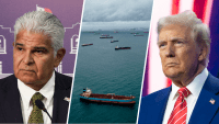 Foto del presidente electo Donald Trump, el presidente de Panamá, José Raúl Mulino y el Canal de Panamá.