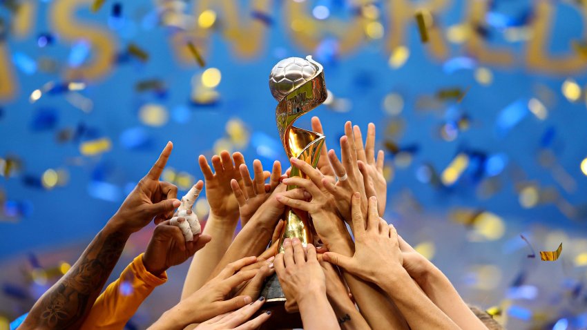 LYON, FRANCE – JULY 07: USA lift the trophy after victory in the 2019 FIFA Women’s World Cup France Final match between The United State of America and The Netherlands at Stade de Lyon on July 07, 2019 in Lyon, France. (Photo by Richard Heathcote/Getty Images)