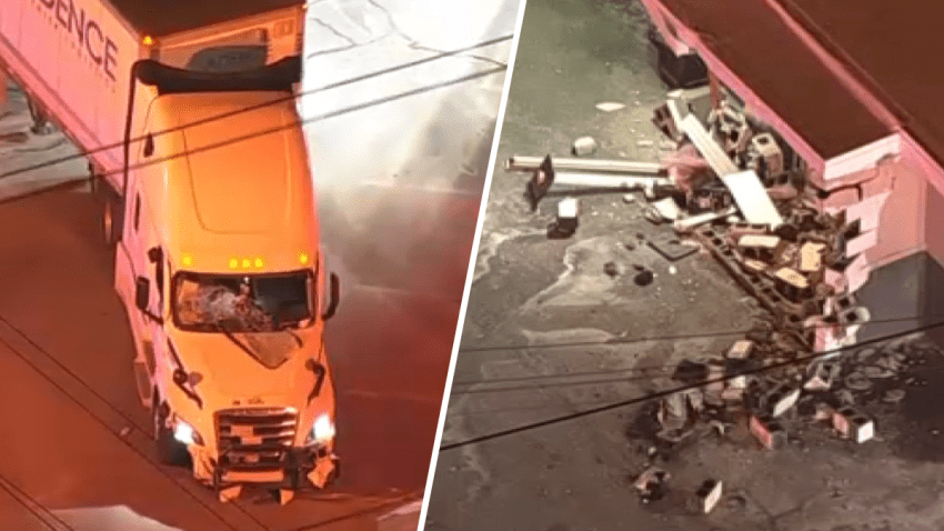 Damaged truck and building in split image