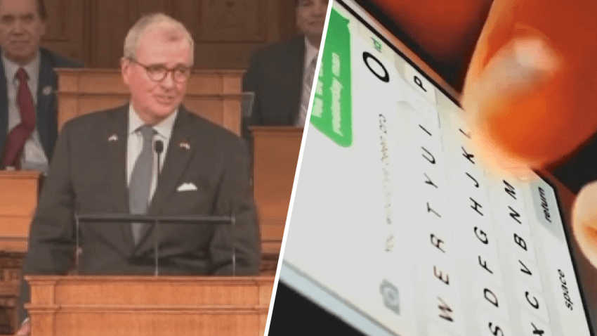 NJ Gov. Phil Murphy in split image with a cellphone being used.