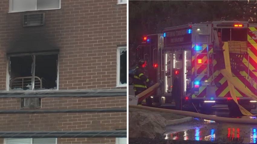 Split photo shows windows with burn damage and a photo of a firetruck on scene of the fire.