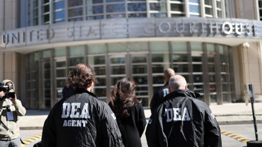 DEA officers arrive at the US District court eastern district of New York City on February 28, 2025. The former leader of a brutal Mexican cartel, Rafael Caro Quintero, described by the White House as the world’s “most evil” drug boss, pleaded not guilty to narcotics charges in New York Friday. (Photo by CHARLY TRIBALLEAU / AFP) (Photo by CHARLY TRIBALLEAU/AFP via Getty Images)